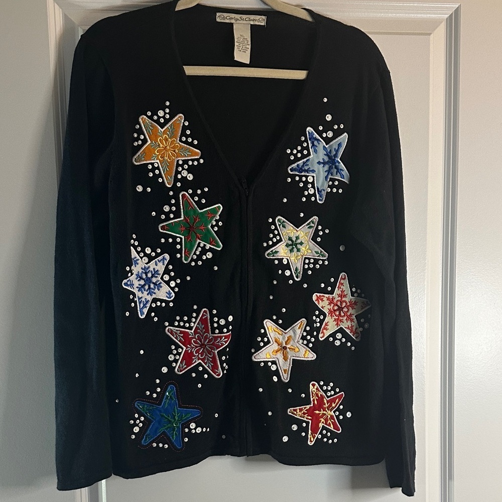 Carly St.‎ Claire Embellished Holiday Cardigan Sweater XL Black Stars Sequins